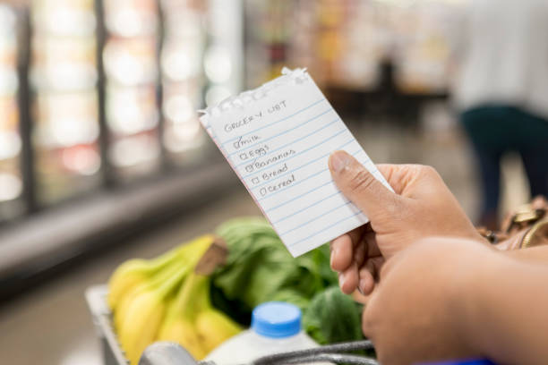 Unrecognizable person holds shopping list in supermarket In this point of view photograph, an unrecognizable person, with only hands showing, holds a paper shopping checklist over a full shopping cart.  The customer is standing in the refrigerated foods aisle. shopping list stock pictures, royalty-free photos & images