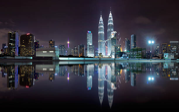 Unseen Malaysia Night view of kuala lumpur city skyline with stunning reflection in water petronas towers stock pictures, royalty-free photos & images