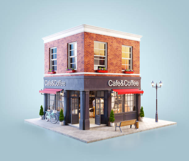 Unusual 3d illustration of a cozy cafe Unusual 3d illustration of a cozy cafe, coffee shop or coffeehouse building with red awning awning window stock pictures, royalty-free photos & images