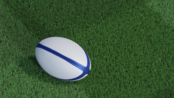 up view de la balle de rugby mis sur une pelouse bien coupée - ballon de rugby photos et images de collection