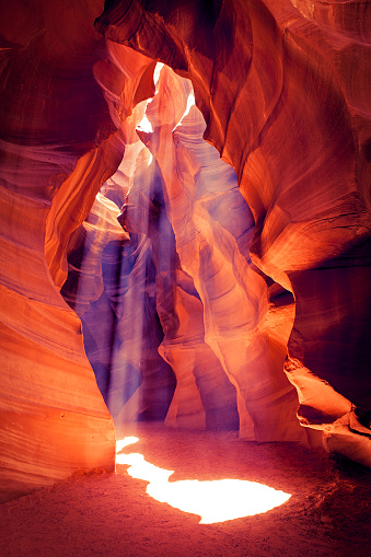 Sunbeams and sand falls in Antelope canyon