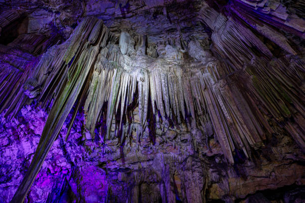 upper rock nature reserve bij gibraltar. het verkennen van oude st. michaels cave. - stalactiet stockfoto's en -beelden