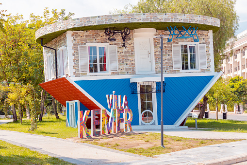 30 August 2021, Kemer, Turkey: Upside down house shifter Villa Kemer. Entertainment for children and adults