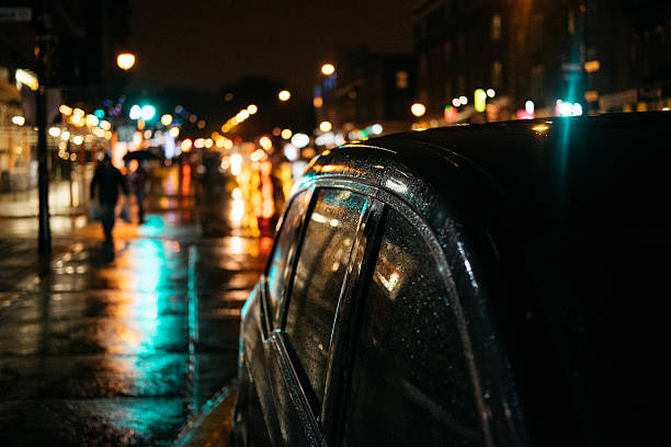 Urban street view on a rainy evening stock photo