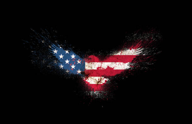Usa grunge flag silhouette of a flying eagle with spread wings with paint splatters isolated on a black background. American flag silhouette in a form of a flying eagle with spread wings with paint splash. stock photo