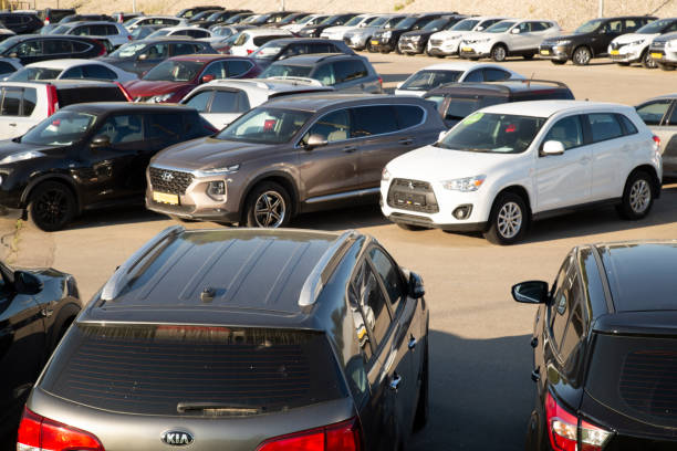 Used car parking. Car sales. stock photo