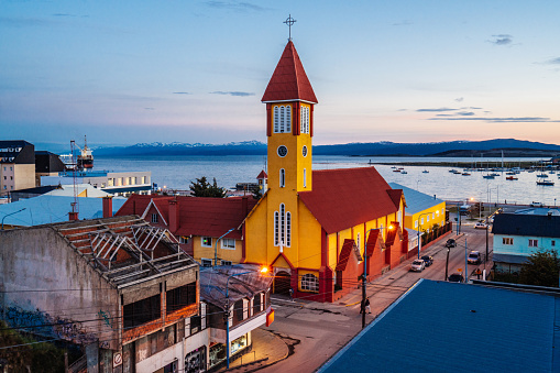 Ushuaia's church at sunset. Elevated point of view. Patagonia, Argentina. Salesian Church.