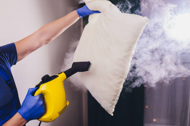 Using dry steam cleaner to sanitize pillow. stock photo