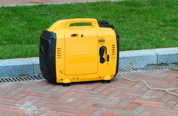 Using portable electric diesel generator on the street. stock photo