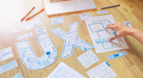ux designer creative prototype Graphic planning application development for web mobile phone . User experience concept. stock photo