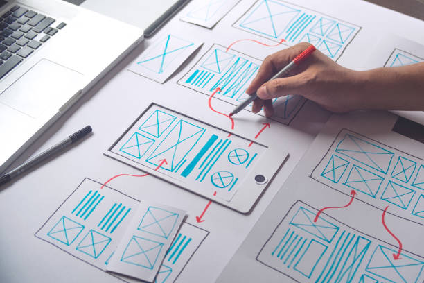 ux Graphic designer creative  sketch planning application process development prototype wireframe for web mobile phone . User experience concept. stock photo