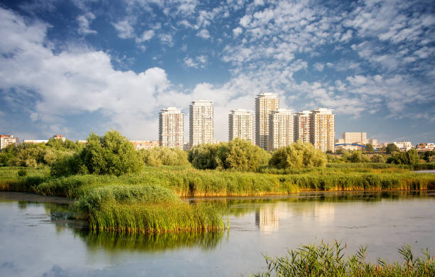 Vacaresti Nature Park - Delta between the blocks with skyscrapers in the background, in Bucharest, Romania. stock photo