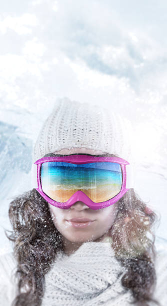 Vacation. The Sea and the sand in the Ski Goggles stock photo