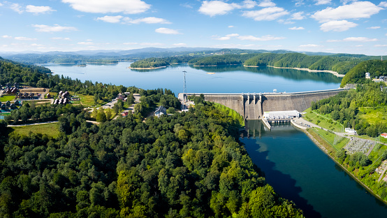 Vacations in Poland -Lake Solina with  water dam and power plant at river San,  the Bieszczady Mountains in background