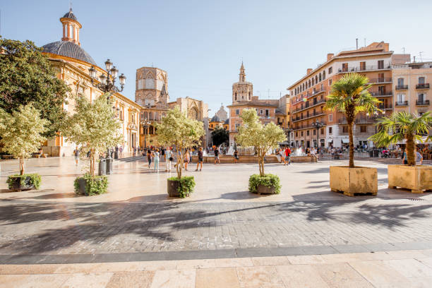 Valencia city in Spain View in the Virgen square with cathedral in the centre of Valencia city during the sunny day in Spain comunidad autonoma de valencia stock pictures, royalty-free photos & images