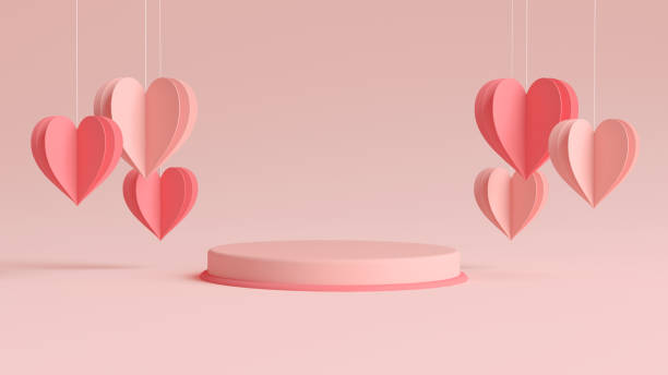 Valentines day podium surrounded by hanging hearts in 3D rendering. Cylinder shape for product display with valentine"u2019s day concept. Pink and red colors, Pedestal, Podium, Stand, 3D illustration stock photo