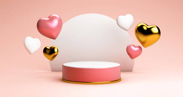 Valentines day podium surrounded by hearts in 3D rendering. Cylinder shape, pink and gold hearts for product display with valentine"u2019s day concept. Pink, white and gold colors, Pedestal, Podium, Stand, 3D illustration. stock photo
