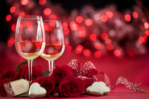 Valentines day background with champagne and roses