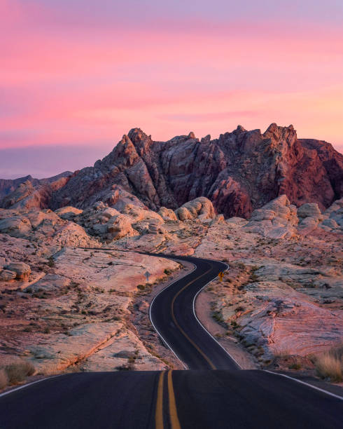 Valley of Fire at Sunset Winding road through the valley of fire at sunset nevada stock pictures, royalty-free photos & images