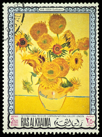 Vincent Van Gogh Sunflowers picture in a cancelled stamp