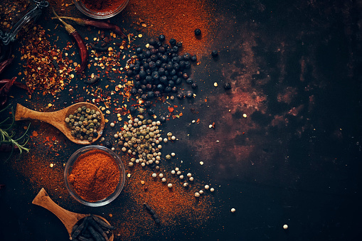 Variation of Spices Chili Powder, Peppercorns, Cayenne Pepper, Turmeric, Cumin