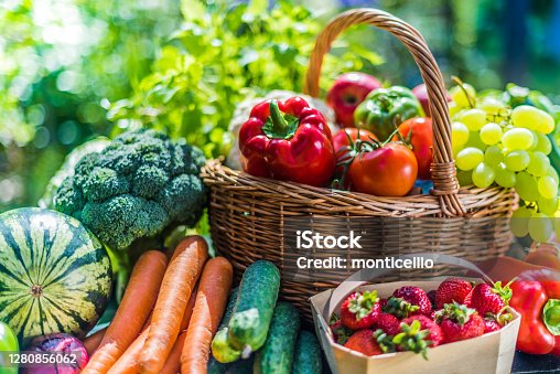 istock Variety of fresh organic vegetables and fruits in the garden 1280856062