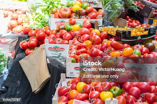 Variety of tomatoes displayed in Borough Market in London, England
