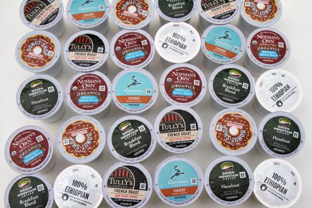 Various brands of coffee pods for Keurig single cup coffee makers stock photo