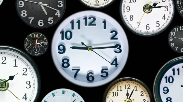 Various clock in one frame. Time concept footage made of real, different clock faces. Showing different time on black background. Various clock in one frame. Time concept footage made of real, different clock faces. Showing different time on black background. real time footage stock pictures, royalty-free photos & images