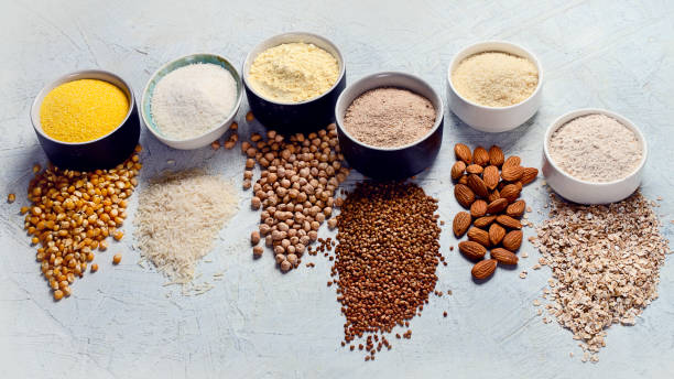 Various gluten free flour Various gluten free flour - chickpeas, rice, buckwheat, quinoa, almond, corn, oatmeal on grey background. pea protein powder stock pictures, royalty-free photos & images