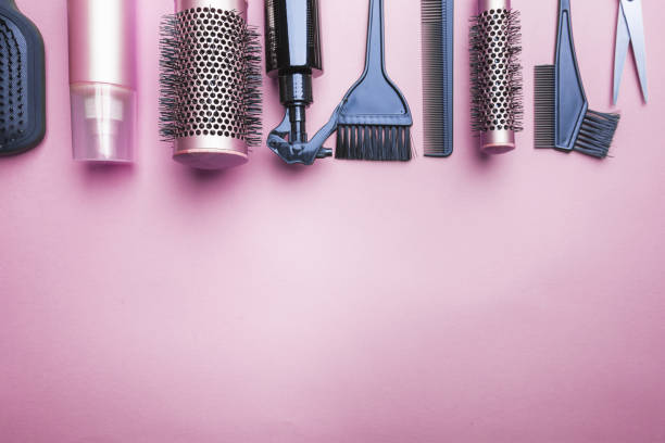 Various hair dresser tools Various hair dresser and cut tools on pink background with copy space vintage beauty salon stock pictures, royalty-free photos & images