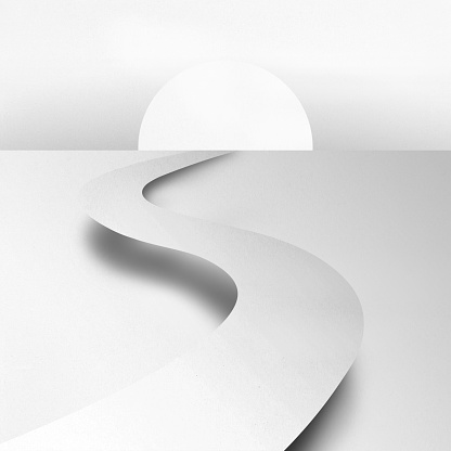 Abstract illustration of levitating wavy road going to sunset or sunrise and cast shadow on surface made from various shapes and forms white craft paper with pattern