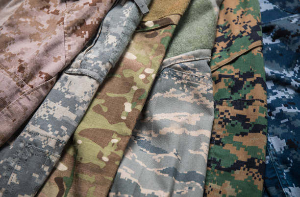 Various US Military uniform camouflage designs Different US Military uniform camouflage designs representing Marine corps, Army, Airforce and Navy. military uniform stock pictures, royalty-free photos & images
