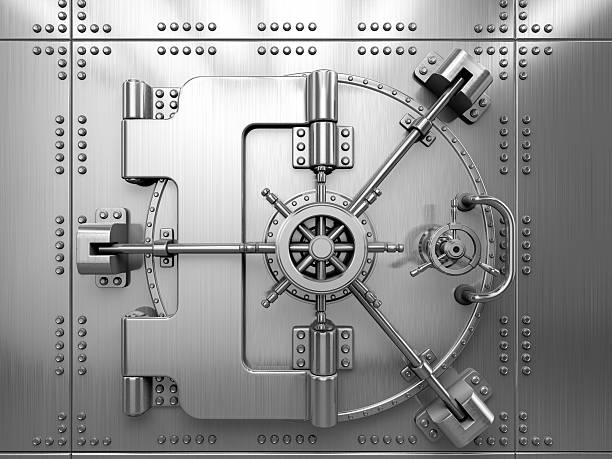 Vault Door Front view of Bank Vault Dooor - 3d render safes and vaults stock pictures, royalty-free photos & images