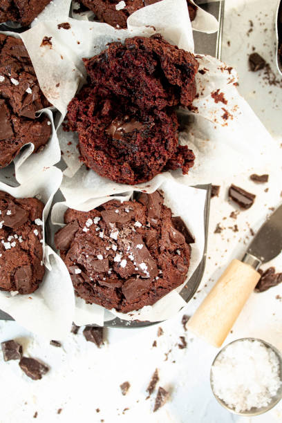 Vegan Chocolate Chip Muffins in baking tray stock photo