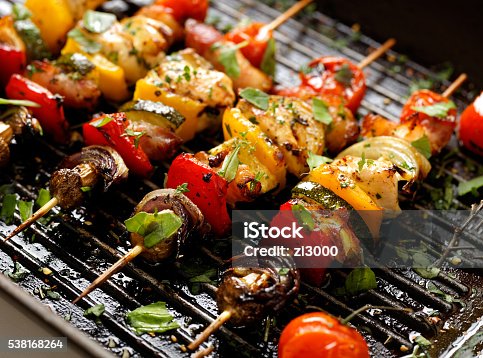 istock Vegetable and meat skewers in a herb marinade 538168264