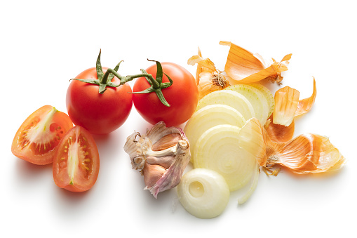 Vegetables: Onion, Tomato and Garlic Isolated on White Background