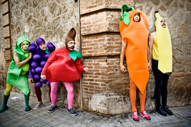 Vegetables Vegetables playing hide-and-seek in the street costume photos stock pictures, royalty-free photos & images