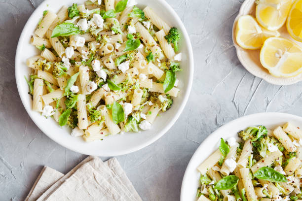 Vegetarian Pasta With Broccoli And Feta Cheese stock photo