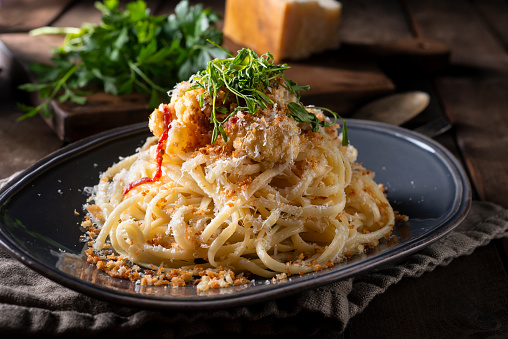 Spaghetti with Parmesan Cheese, Roasted Cauliflower and Breadcrumbs.