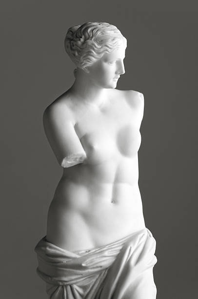Venus de Milo on grey Vintage copy statue of Venus (Aphrodite) de Milo, a famous Greek sculpture dating back to about 100 BC, discovered in 1820 on the Aegean island of Milos. The original statue is in the Louvre museum in Paris. Vintage-styled fine art image on a grey background with added light grain. sculpture stock pictures, royalty-free photos & images