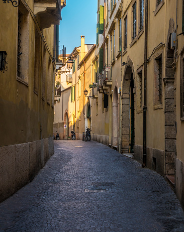Closeup of street, beautiful architecture of UNESCO world heritage site city Verona.