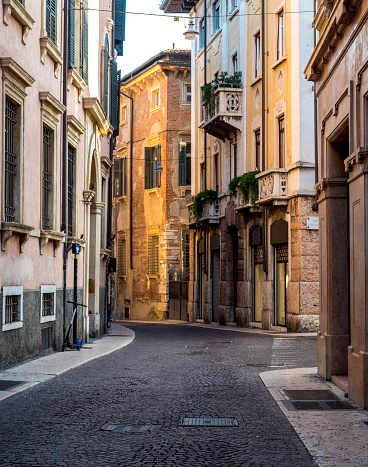Closeup of street, beautiful architecture of UNESCO world heritage site city Verona.