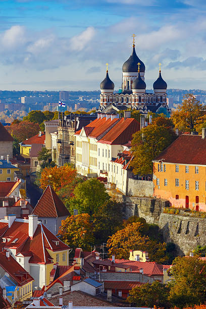 Vertical aerial view old town, Tallinn, Estonia Toompea hill with tower Pikk Hermann and Russian Orthodox Alexander Nevsky Cathedral, view from the tower of St. Olaf church, Tallinn, Estonia estonia stock pictures, royalty-free photos & images