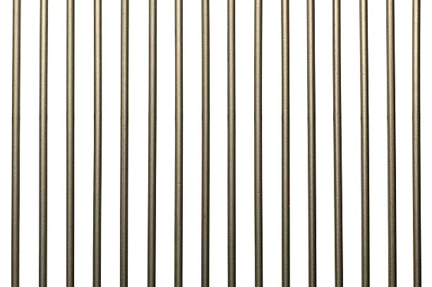 Vertical metal jail bars on white background stock photo
