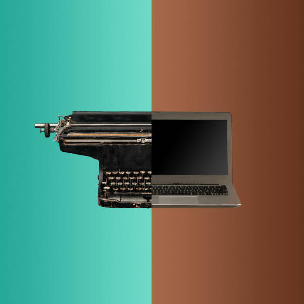 Very old fashion typewriter and laptop Very old fashion typewriter and new laptop. The concept of old and new technologies old vs new stock pictures, royalty-free photos & images