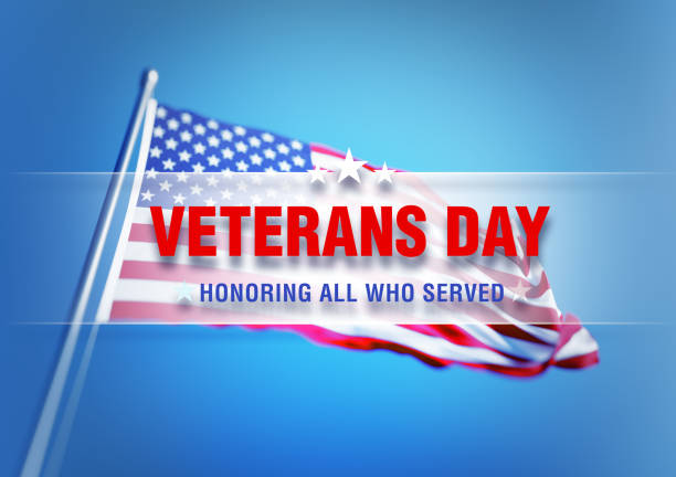 Veterans Day Concept - Veterans Day Message Over Waving American Flag with Selective Focus Veterans Day message written over waving American flag with selective focus. Horizontal composition with copy space. Front view. US Veterans Day concept. memorial day background stock pictures, royalty-free photos & images