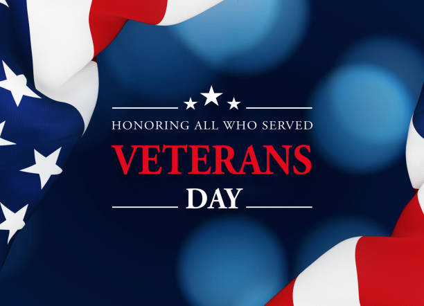 Veterans Day message written over dark blue background next to rippled American flag. Horizontal composition with copy space. Front view. Veterans Day concept.