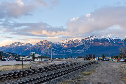 Jasper, Alberta, Canada - May 4 2021 : Via Rail Jasper station. Jasper National Park.
