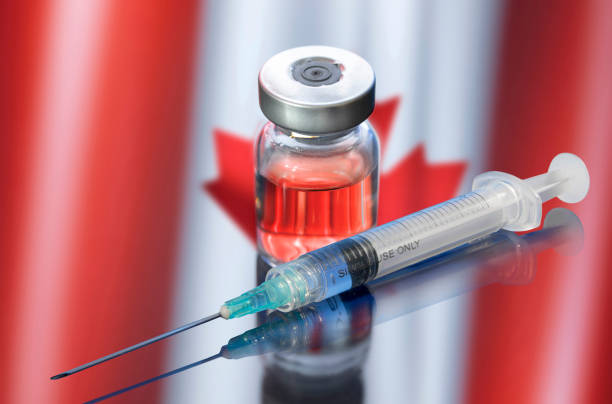 Vial ampoule vaccine for Corona Virus Covid-19 with Flag of Canada stock photo
